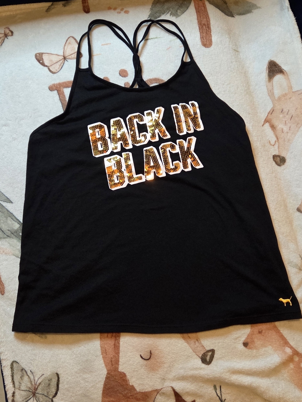PINK Victoria's Secret Black Tank with Gold Sequin 'BACK IN BLACK Graphic Size S